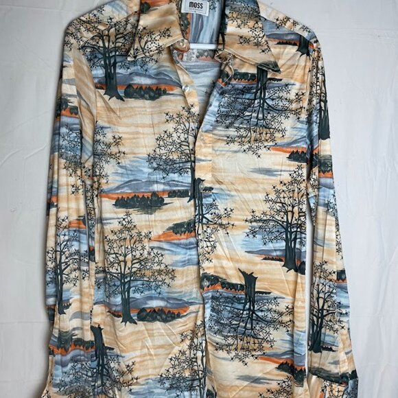 Vtg Moss Shirtmakers Trees Mountains Button Up Shirt Butterfly Collar Disco L - Picture 1 of 10